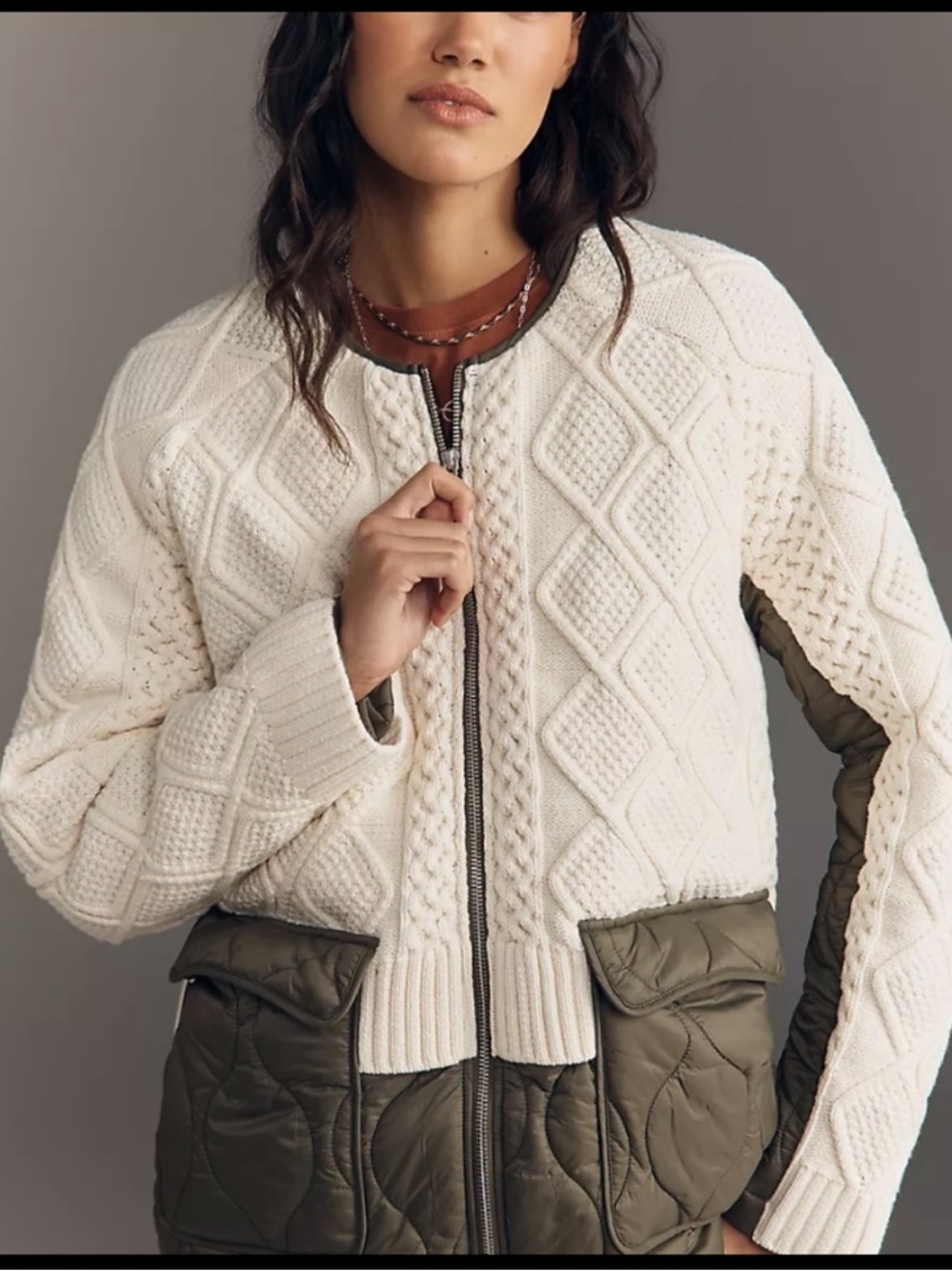 Anthropologie Cream Knit & Olive Quilted Patch Jacket. Price Firm